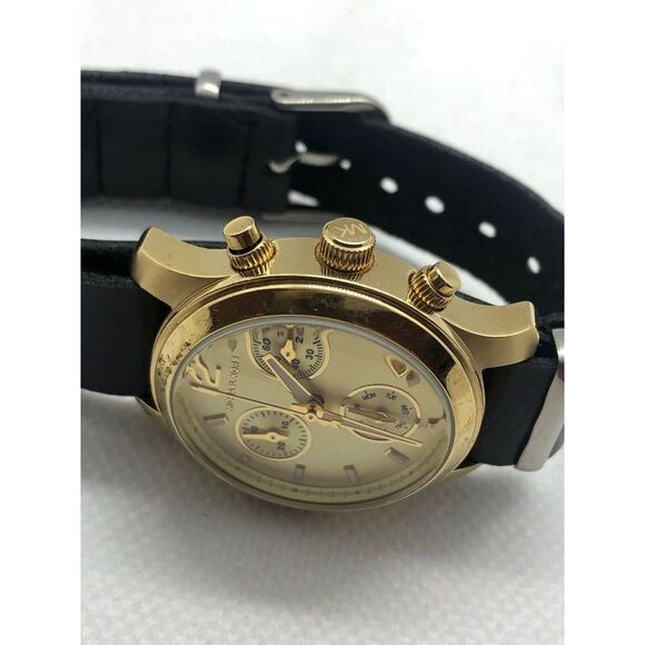 Michael Kors MK5384 Unisex Black Leather Analog Gold Dial Genuine Watch BP38 - Picture 7 of 8